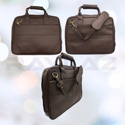 Classic Brown Leather-Look Laptop Bag with Gold-Tone Hardware-100% Natural Leather