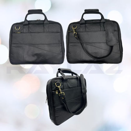 Sleek Black Multi-Compartment Laptop Bag with Gold-Tone Hardware-100% Natural Leather