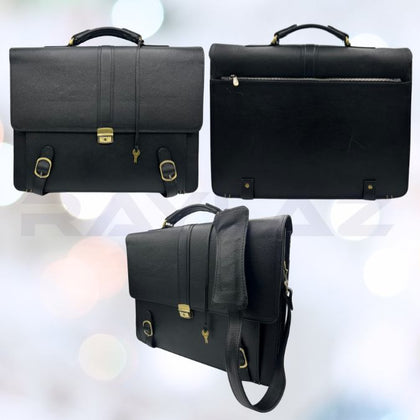 Classic Black Leather Laptop Bag with Gold-Tone Hardware-100% Natural Leather