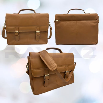 Elegant Tan Leather Laptop Bag with Classic Buckle Straps-100% Natural Leather